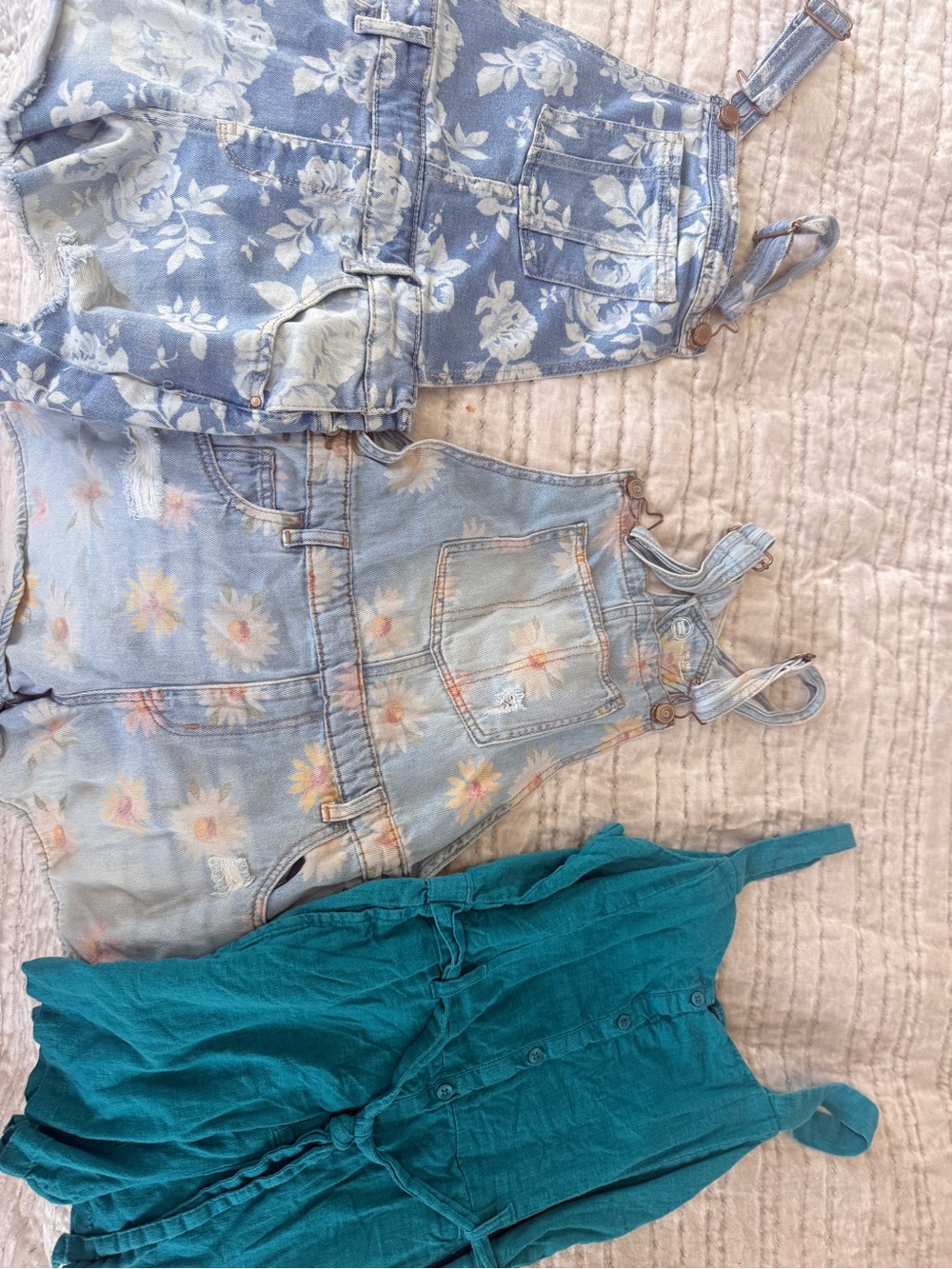 Floral Light Wash Denim Overall Shorts and Teal Romper — Shortalls Girls XXL 18
